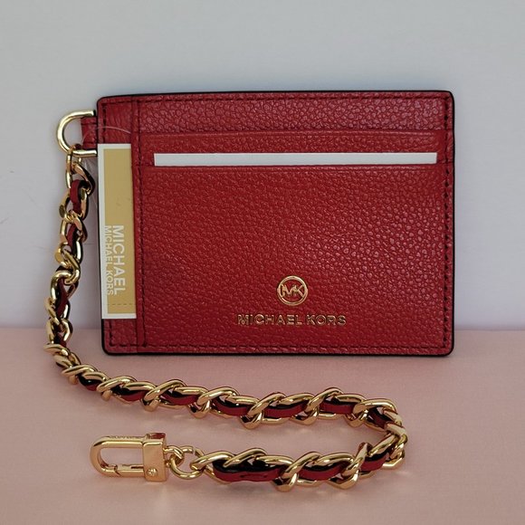 MICHAEL KORS Jet Set Small ID Pebbled Leather Chain Card Holder Case-Crimson⭐ - Picture 7 of 16
